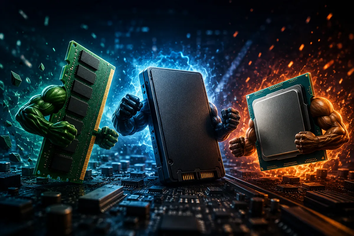 Memória RAM, SSD e processador disputando qual deixa o computador mais rápido