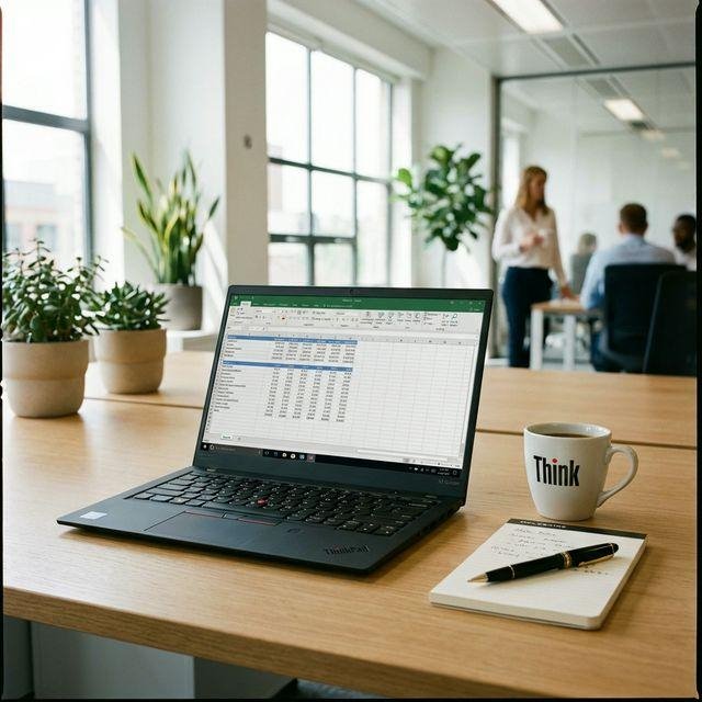 Notebook Lenovo ThinkPad sobre a mesa de um escritório, ao lado de uma caneca Think