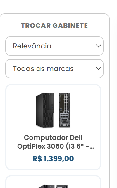 Coluna Trocar gabinete com os seletores Relevância e Todas as marcas acima das opções